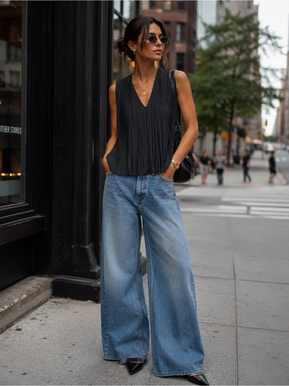 ANTHROPOLOGIE x & Other Stories Black Pleated V Neck Tank Top Blouse Size 12